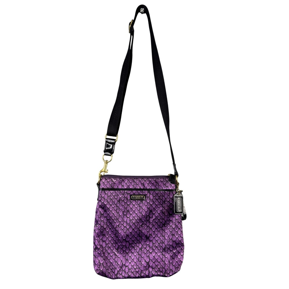 Coach Purple Snake Skin Print Satin Crossbody Bag Gold Hardware Small Swingpack